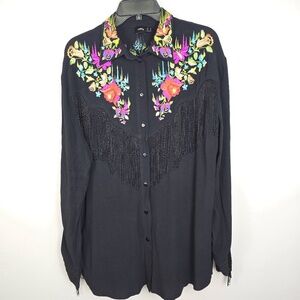 ASOS Women's Size 6 Black Western Floral Embroidered & Fringe Button Shirt